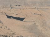 a drawing of a boat on the shore of a beach