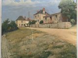 a painting on the wall of a house with a dirt road in front of it
