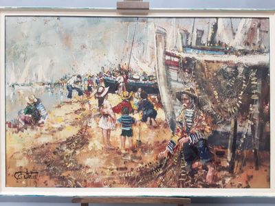 une peinture représentant un groupe de personnes sur la plage