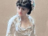 a painting of a woman in a white dress sitting on a chair