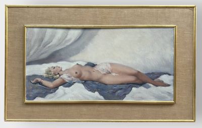 tableau représentant une femme nue allongée sur un lit, recouverte d'une couverture bleue