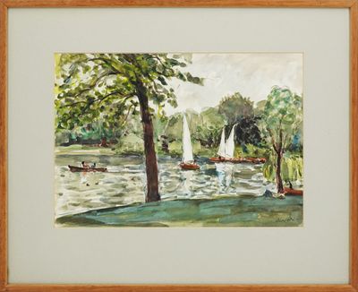 painting of sailboats on a lake with trees in the foreground
