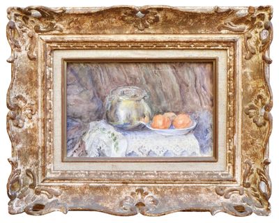 an oil painting of a bowl of oranges and a teapot on a table