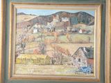 an image of a painting of a farm scene with a mountain in the background