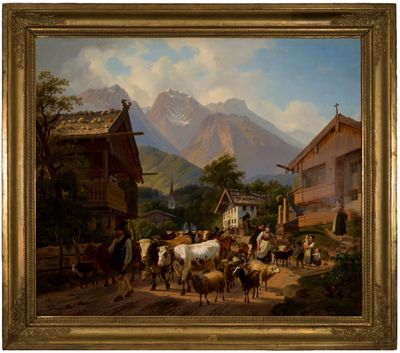un tableau représentant une scène de village avec une montagne en arrière-plan
