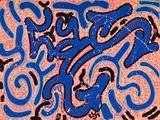 an image of a blue and pink painting with the word peace on it