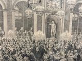 a drawing of a large group of people gathered around a statue