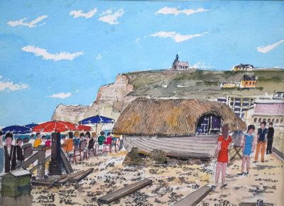 un tableau représentant des personnes se promenant sur la plage avec des parasols