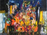 abstract painting of flowers in a vase on a black background