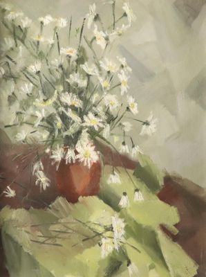 une peinture de fleurs blanches dans un vase sur une table