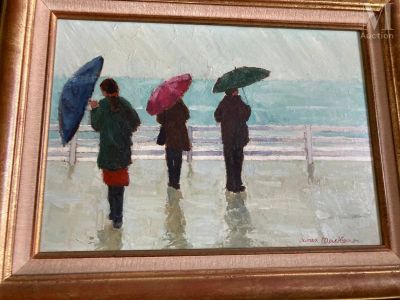 tableau représentant trois personnes marchant sous la pluie sur la plage, munies de parapluies