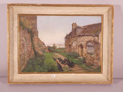 an oil painting of a farm scene with chickens in a field
