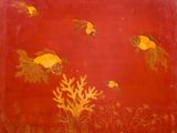 une image représentant une peinture de poissons rouges et de coraux sur fond rouge