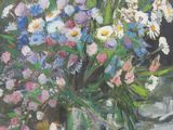 une peinture représentant un vase de fleurs sur une table