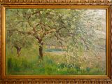 an oil painting of an apple tree in a field with a river in the background