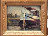 a painting of a boat that is sitting in the water