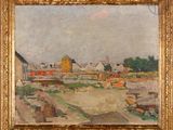 a painting of a farm scene with a barn in the background