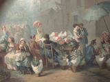 a painting of a group of people sitting around a table