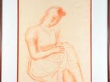 drawing of a woman sitting in a chair with her hands on her knees
