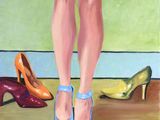 a painting of a woman standing in front of a bunch of shoes