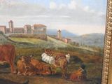 a painting of cows in a field with a castle in the background