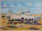 an oil painting of a market scene with a church in the background