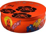 an orange round box with a picture of a woman and flowers on it