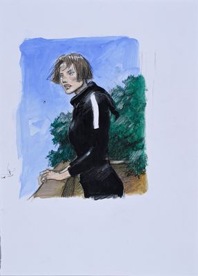 dessin représentant un homme vêtu d'une veste noire, debout près d'un arbre
