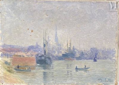 une image représentant un tableau où l'on voit des bateaux sur un plan d'eau, avec une ville en arrière-plan
