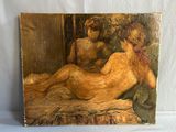 an image of a painting of a woman sitting on a bed