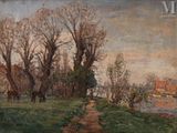 painting of a landscape with trees, a path, and a river