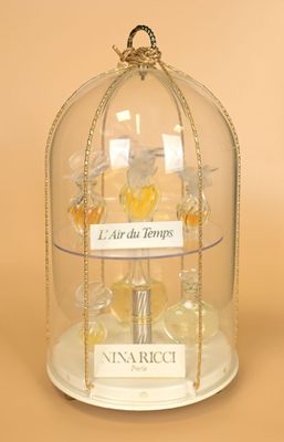 a glass birdcage with a bird inside of it