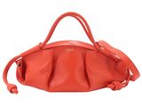a red handbag with a long strap and two handles