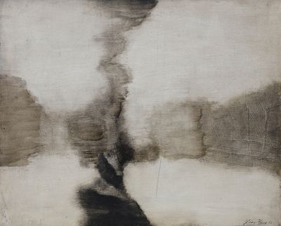 tableau représentant une personne marchant sous la pluie avec un parapluie