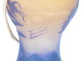 a blue vase with a handle that has a drawing on it