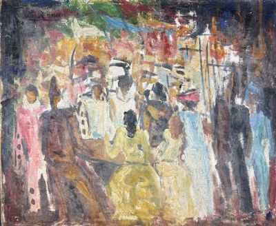 an oil painting of a group of people standing in front of a building