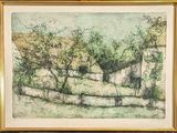 an image of a painting of a farm scene with a fence and trees