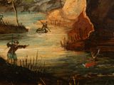painting of a river scene with a man and a woman in a boat