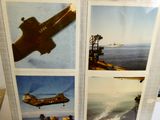 four pictures of a helicopter and a boat in the water