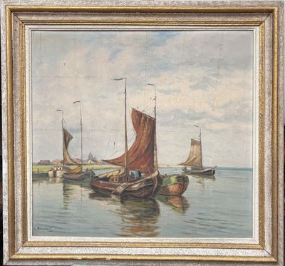 a painting of boats in the water with a sky background