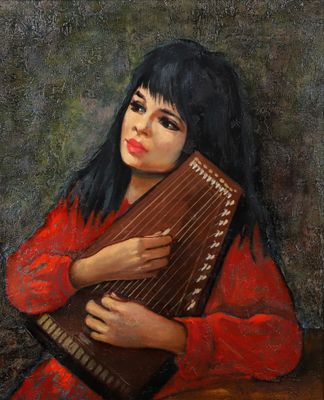 an oil painting of a woman holding a musical instrument