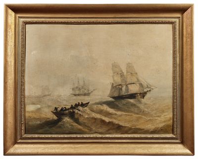un tableau représentant deux navires sur une mer agitée, avec un bateau au premier plan