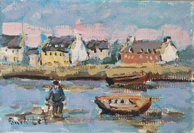 un tableau représentant un homme debout dans l'eau, à côté d'un bateau