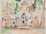 une aquarelle représentant une église dans les bois