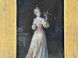 painting of a woman in a pink dress holding a bird in her hand