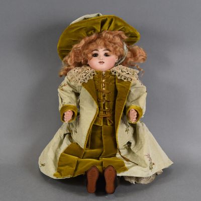 POUPEE mécanique à tête en biscuit, yeux fixes marrons, bouche ouverte