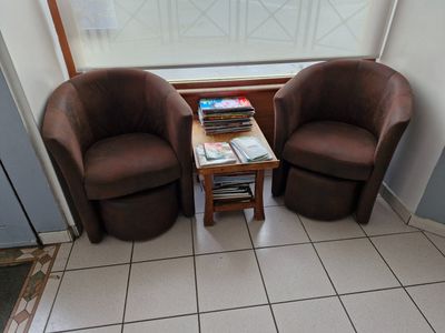 Deux fauteuils imitation daim et leurs deux poufs. On y join…