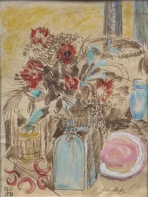 a drawing of a vase with flowers in it on a table