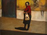tableau représentant un homme avec un sac, debout devant un immeuble