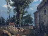 painting of a village scene with a man and a horse by a stream